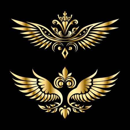Luxury heraldic emblem with golden wings isolated on black background.のイラスト素材