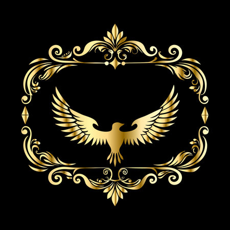 ornamental vintage frame with golden wings on black background, vector illustrationのイラスト素材