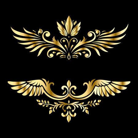 Vector set of decorative elements in the form of gold laurel wreaths on a black background.のイラスト素材