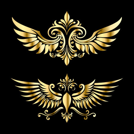 Vector set of vintage heraldic golden wings and laurel wreaths isolated on black background.のイラスト素材