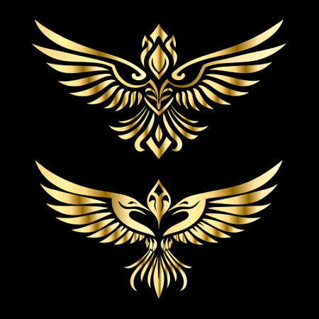 Vector set of golden heraldic emblems with wings and feathers.のイラスト素材