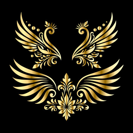 Golden heraldic wings with flowers on black background. Vector illustration.のイラスト素材