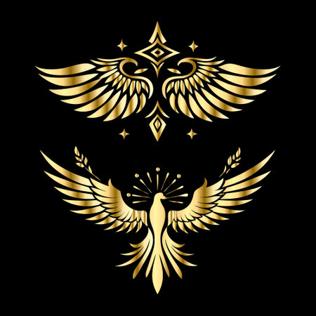 Luxury heraldic emblem with golden wings, stars and bird.のイラスト素材