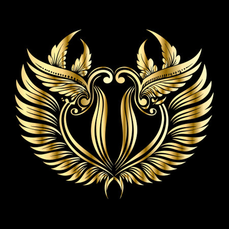 Heraldic emblem with gold wings on black background. Vector illustration.のイラスト素材