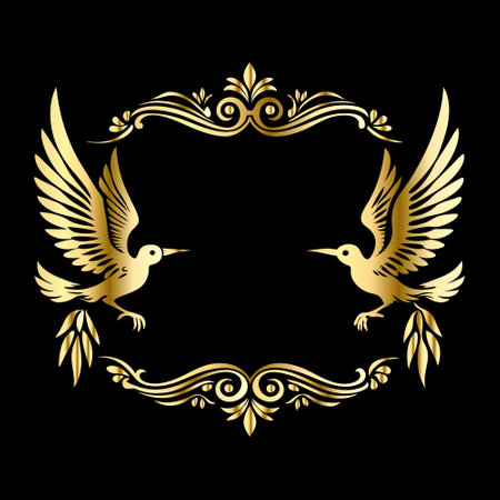 golden frame with two birds and laurel wreath on black backgroundのイラスト素材
