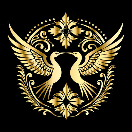 Heraldic emblem with two birds and floral ornament. Vector illustrationのイラスト素材
