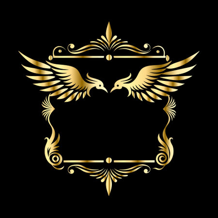 ornamental vintage frame with golden wings on black background, vector illustrationのイラスト素材