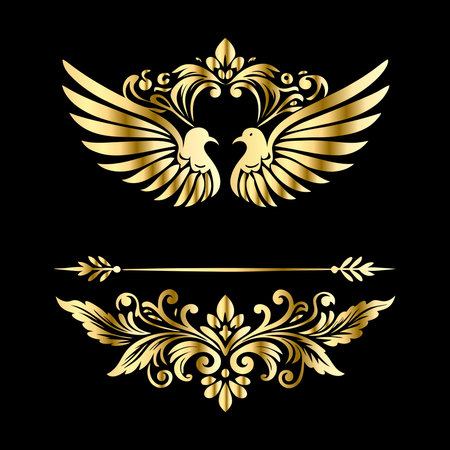 Vector set of golden vintage heraldic shields with birds and laurel wreathsのイラスト素材