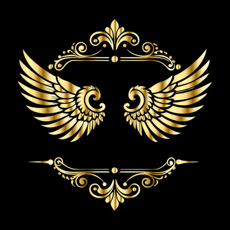 Vector set of vintage heraldic design elements with golden wings isolated on black background.のイラスト素材