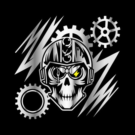 Skull with helmet, gears and cogs. Vector illustration.のイラスト素材