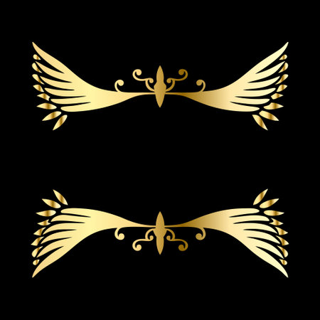 golden heraldic wings on a black background. vector illustration.のイラスト素材