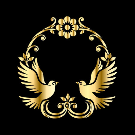 golden frame with birds and flower on black background, vector illustrationのイラスト素材