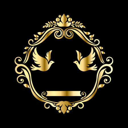 Golden laurel wreath with doves on black background. Vector illustration.のイラスト素材