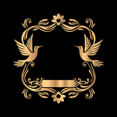 golden frame with birds and flowers on a black background, vector illustrationのイラスト素材