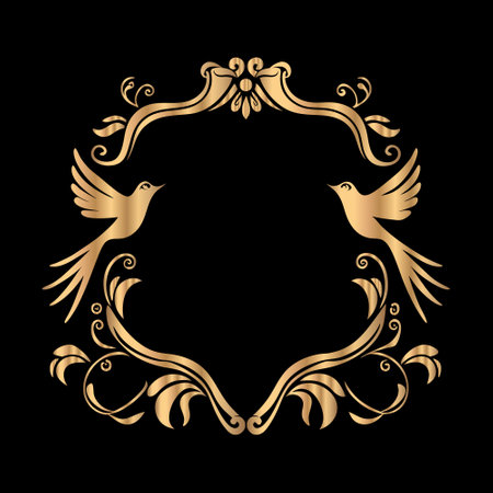 Illustration of vintage floral frame with two birds on black background.のイラスト素材