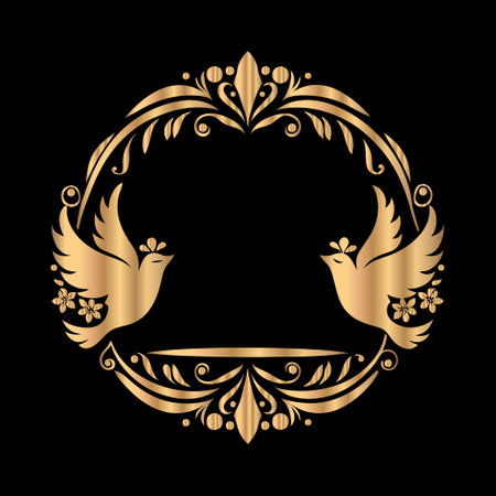 Vector gold laurel wreath with birds and flowers on black backgroundのイラスト素材