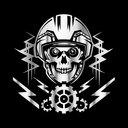 Skull with motorcycle helmet and gear wheels on black background. Vector illustration.のイラスト素材