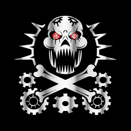 Skull with crossed bones and gears. Vector illustration on black background.のイラスト素材