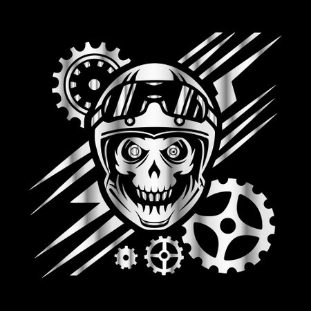 Skull with motorcycle helmet and gear wheels on black background. Vector illustration.のイラスト素材