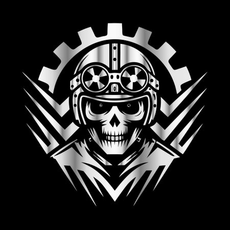 Skull in helmet with gear wheel on black background. Vector illustration.のイラスト素材