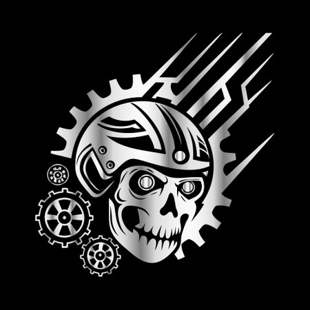 Skull with helmet and gear wheels on black background. Vector illustration.のイラスト素材