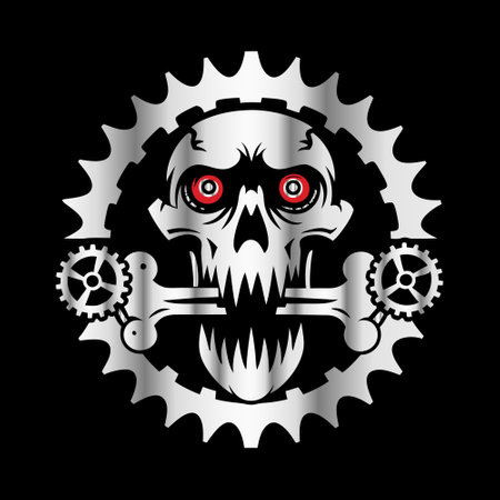 Skull with gears and cogwheels. Vector illustration on black background.のイラスト素材