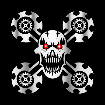 Skull with gears and cogwheels. Vector illustration on black background.のイラスト素材