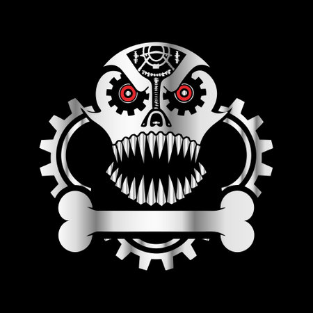 Skull with gears and bones on black background. Vector illustration.のイラスト素材