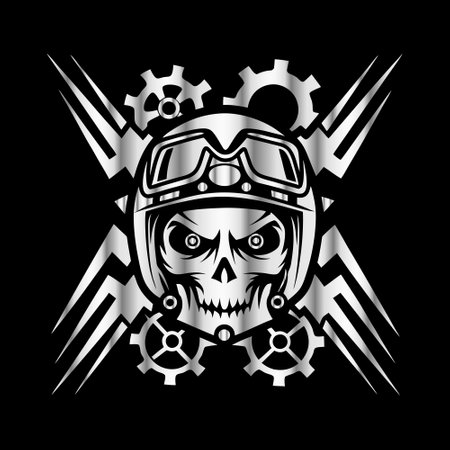 Skull in a helmet and gear on a black background. Vector illustration.のイラスト素材