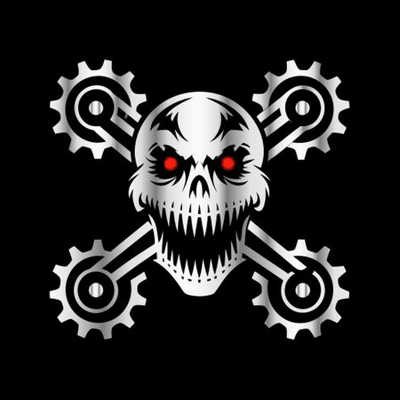 Skull with crossbones and gears. Vector illustration on black background.のイラスト素材