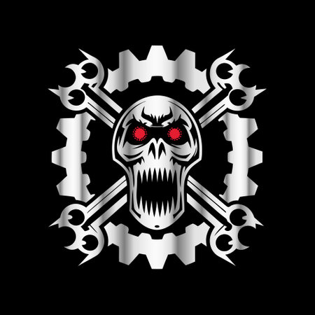 Skull head with crossed wrenches. Vector illustration on black background.のイラスト素材