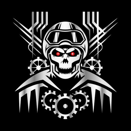 Skull with gear wheels, vector illustration on a black background.のイラスト素材