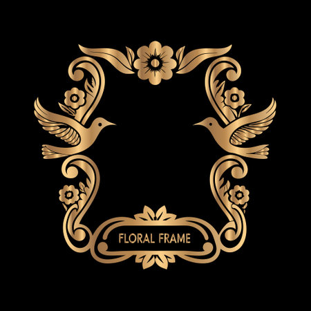 Vintage frame with birds and flowers on black background. Vector illustration.のイラスト素材