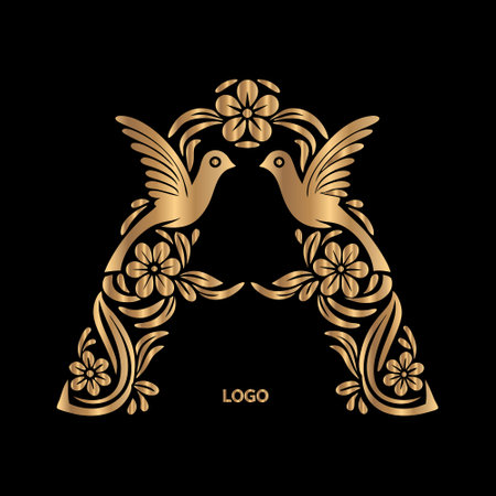 Golden letter A with doves and flowers. Vector Illustration.のイラスト素材