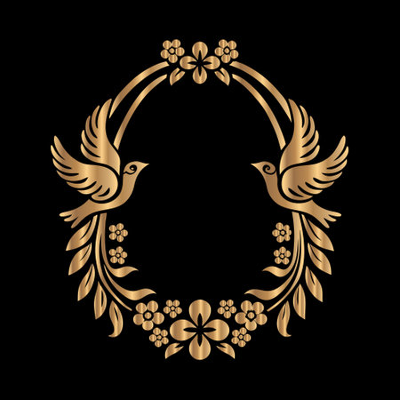 Golden laurel wreath with birds and flowers isolated on black background.のイラスト素材