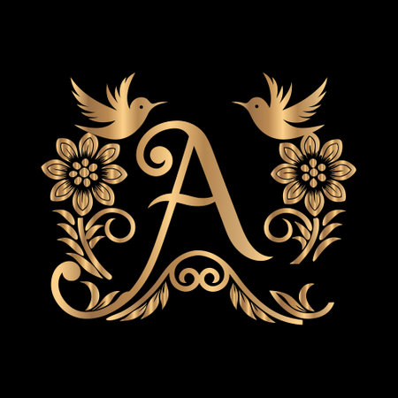 Initial Letter A Luxury floral capital letter A logo. Graceful royal style lettering with golden ornament.のイラスト素材