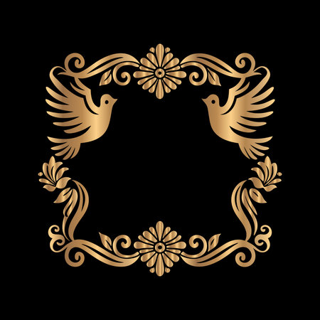 Elegant vintage frame with golden bird on black background. Vector illustration.のイラスト素材