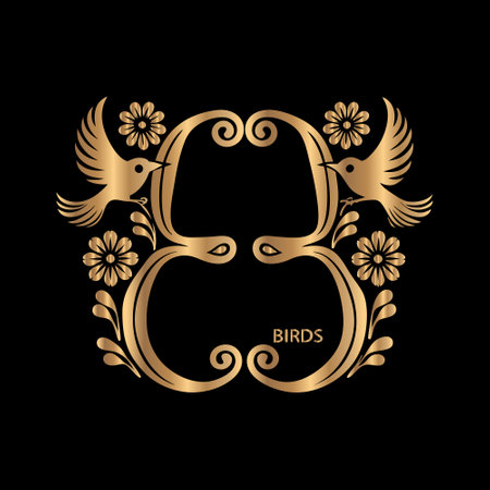 Elegant Golden Letter B with Birds and Flowers. Vector Illustration.のイラスト素材