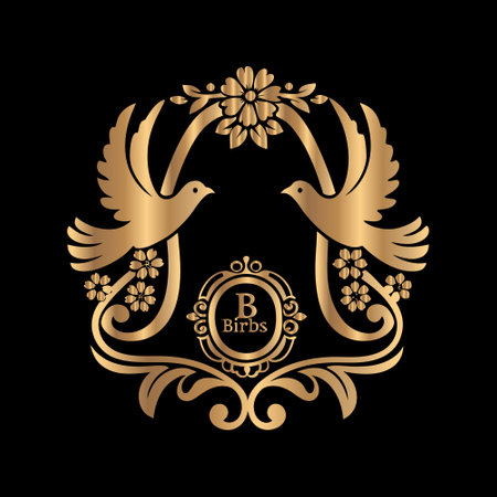 Wedding logo design. Luxury golden wedding emblem with doves.のイラスト素材