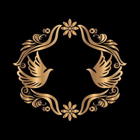 Illustration of a gold laurel wreath with two dovesのイラスト素材