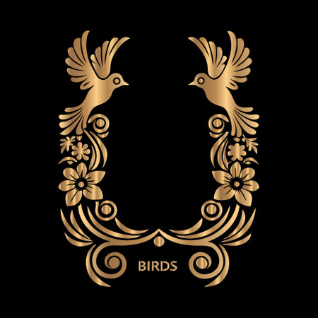 Golden vintage frame with birds and flowers. Vector element for your designのイラスト素材