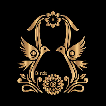 Two birds with wings and flowers on a black background. Vector illustrationのイラスト素材