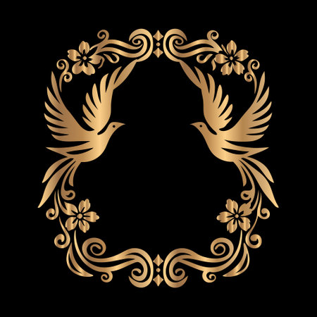 Vector golden laurel wreath with bird and flowers on black backgroundのイラスト素材