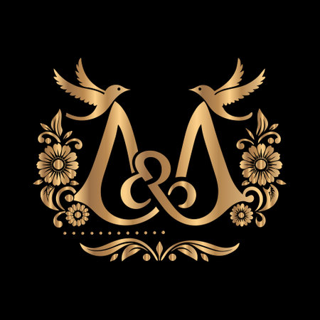 Wedding monogram. Luxury golden monogram with birds and flowers.のイラスト素材
