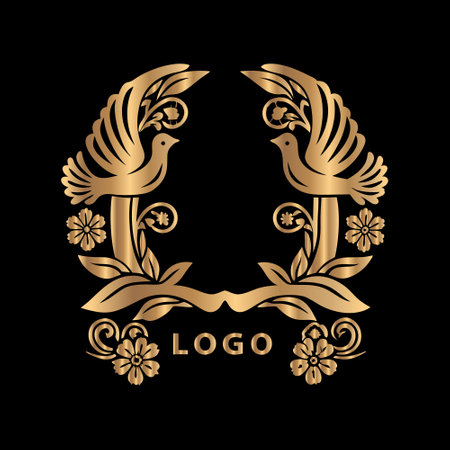 Wedding logo template. Luxury royal monogram, ornate floral frame, vintage heraldic shield, vector illustration.のイラスト素材