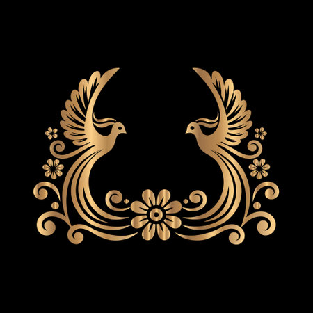 Two pigeons in gold on a black background. Vector illustration.のイラスト素材