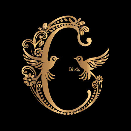 Golden letter G with bird and flowers in vintage style. Vector illustration.のイラスト素材