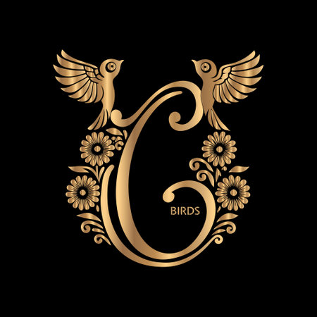 Golden letter C with floral ornament. Luxury floral capital letter.のイラスト素材