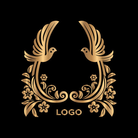 golden doves with flowers on a black background. vector illustrationのイラスト素材