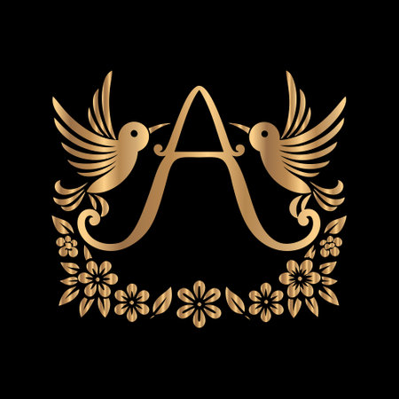 Golden letter A with bird wings and floral decoration. Heraldic vector design element. Retro style label, heraldry logo.のイラスト素材